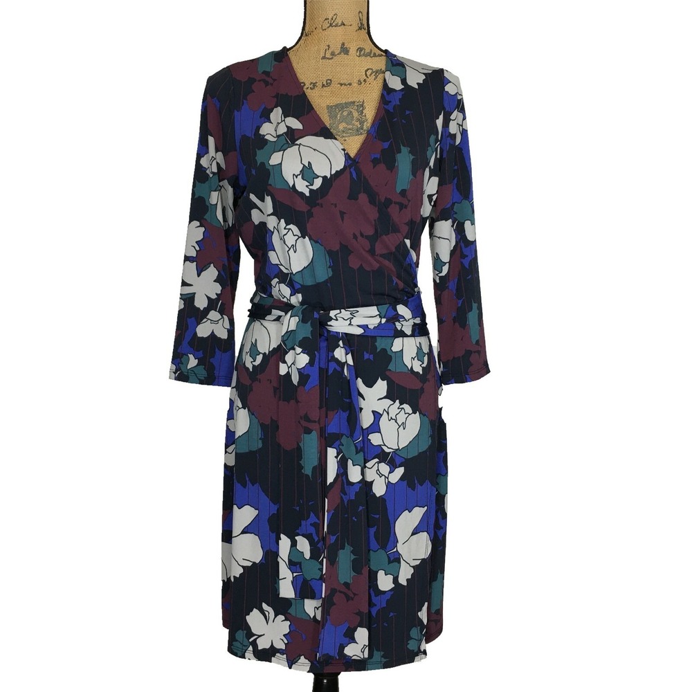 SABIE Dress MED Muted Purple Blue Gray Green Floral Faux‎ Wrap Jersey A Line